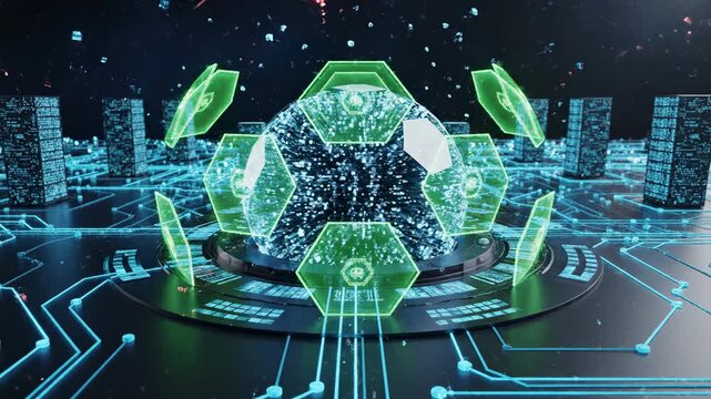 Abstract futuristic digital city with glowing circuits and energy core, technology background, artificial intelligence concept