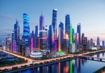 Obraz premium Modern city skyline with tall skyscrapers and glowing lights at twilight reflecting over the river water