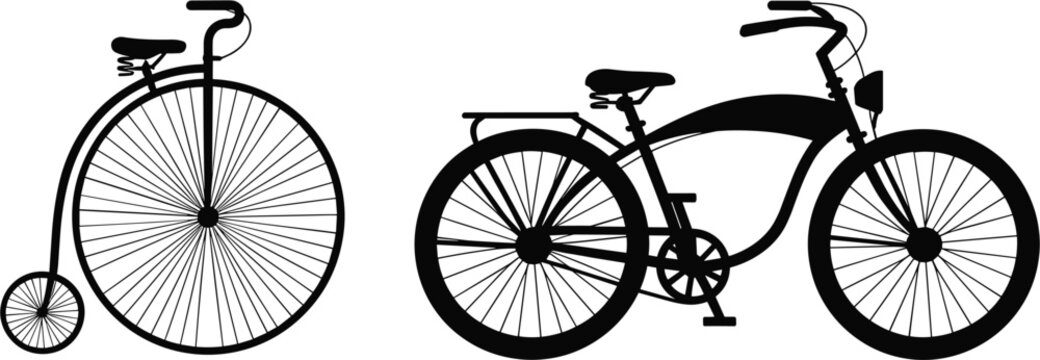 Vintage bicycle collection silhouettes, classic penny farthing and cruiser bike vector illustration set for transportation design
