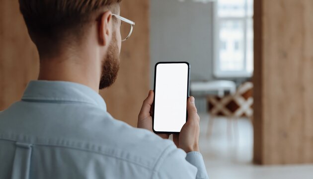 Man holding modern smartphone with blank screen for app mockup, person in office