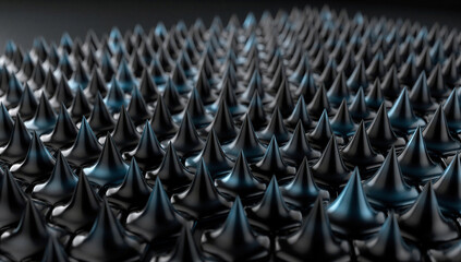 Obraz premium Macro Close-Up of Dark Black Glossy Ferrofluid Magnetic Spike Cone Array Pattern with Blue Metallic Reflection on Dark Gray Background, Ferromagnetism Physics and Science Concept Photography
