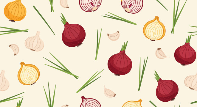 Seamless pattern of various onions garlic and green chives