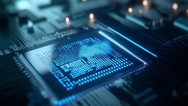 Microprocessor unit glowing blue, processing data on a dark circuit board, symbolizing advanced computing, artificial intelligence, and cutting edge technology