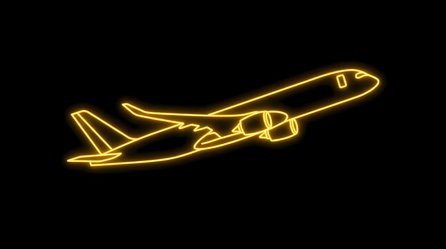 Glowing yellow neon outline illustration of commercial passenger airplane taking off with airplane