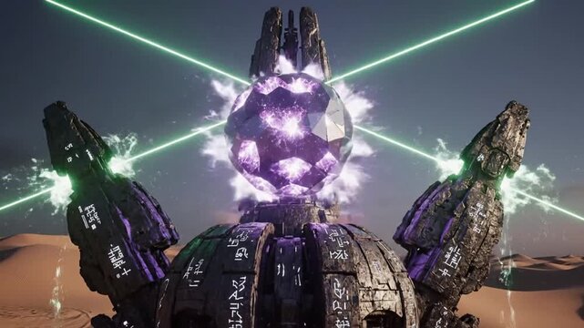 Mysterious alien monolith emerging from desert sand with glowing energy