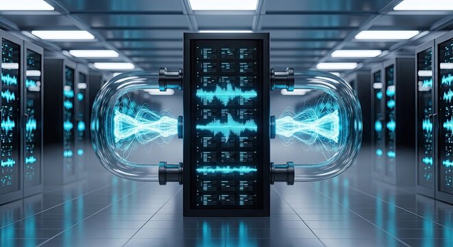 A futuristic server room with a large computer server and blue glowing lights and holographic screens on the sides