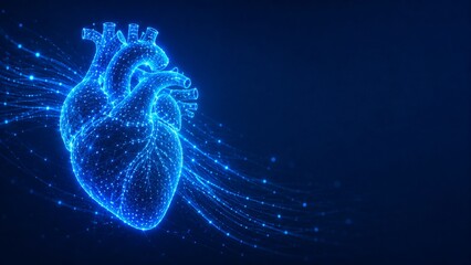 Obraz premium Human heart anatomy rendered as a 3D digital wireframe model. Glowing blue scientific illustration of an organ for medical research and cardiology diagnostics. Future healthcare technology.