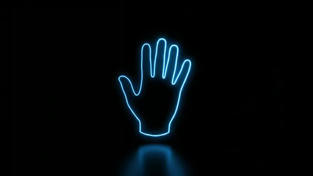 Glowing neon raised open palm hand with five fingers spread in greeting gesture animation