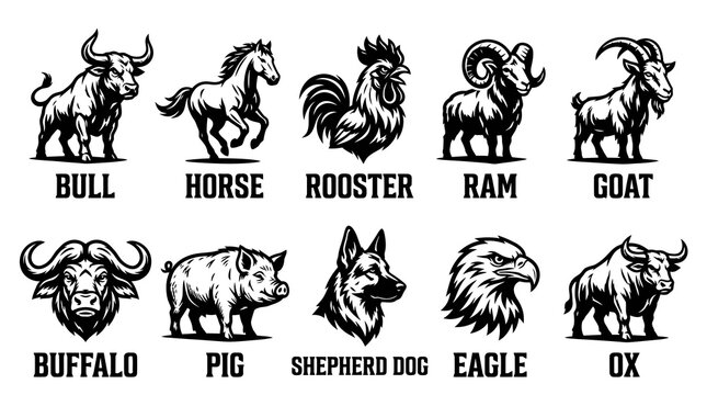 Vintage Farm Animals and Powerful Wildlife Mascot Logos Set