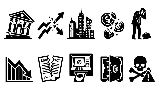 Economic Crisis and Bankruptcy Financial Market Crash Icons Set