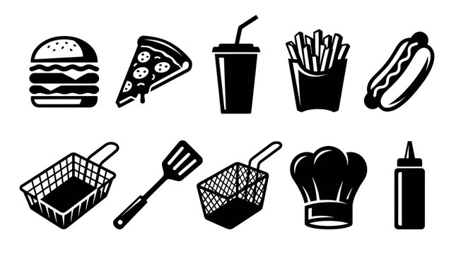 Fast Food Menu and Kitchen Deep Fryer Utensils Icons Set