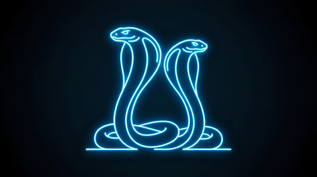 Neon blue glowing dual cobra snakes silhouette graphic illustration with silhouette, wildlife