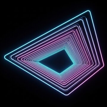 Abstract 3D digital illustration of concentric neon geometric lines in cyan and pink, forming an irregular glowing quadrilateral tunnel with deep perspective on a black background.