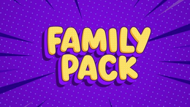 Motion text. Family pack sale text on purple comic background