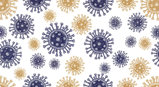 Coronavirus cells pattern in navy blue and gold on white background