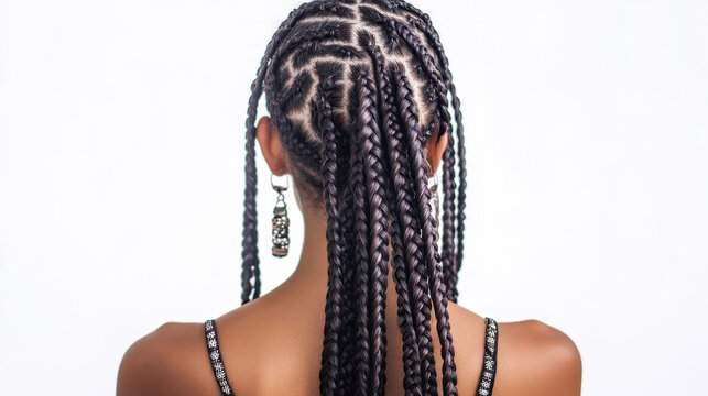 A woman's back view showcasing intricate knotless boho braids hairstyle.