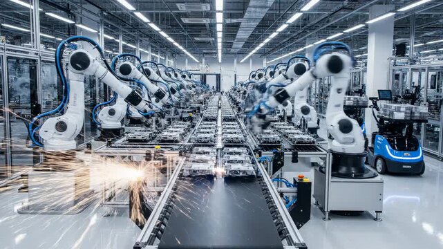 Automated car factory assembly line with robotic arms welding and cars moving on conveyor, advanced manufacturing, industry 4.0, precision engineering, production process