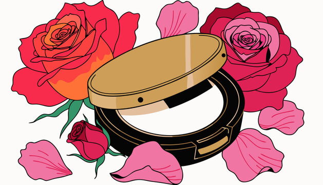 Very beautiful luxury compact powder case surrounded by prominent vibrant blooming roses and richly colored rose petals, featuring refined cosmetic styling, feminine sophistication, premium beauty aes