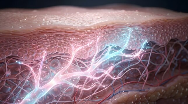Skin layer cross section with glowing neon network for scientific tissue anatomy