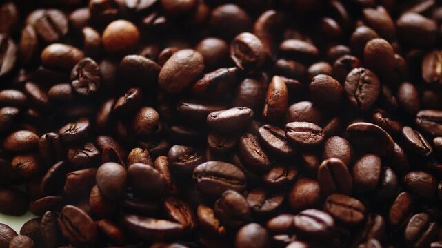 Smoking hot fragrant roasted coffee beans. Hot steaming high quality roasted dark coffee beans. Smoke coming from perfect brown coffee seeds.