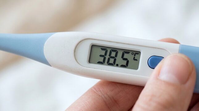 Digital thermometer displaying 38.5 degrees Celsius, a high body temperature. This crucial measurement indicates fever and the need for health monitoring and self-care during illness