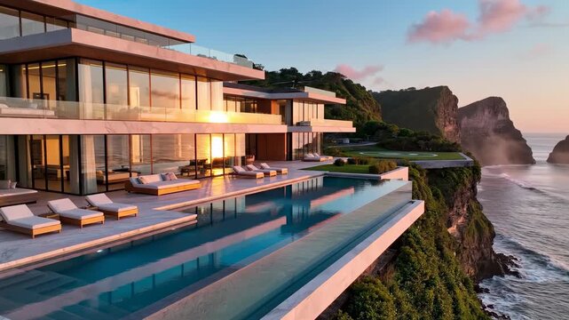 Luxurious cliffside villa with infinity pool overlooking the ocean at sunset, modern architecture, serene seascape, tranquil vacation