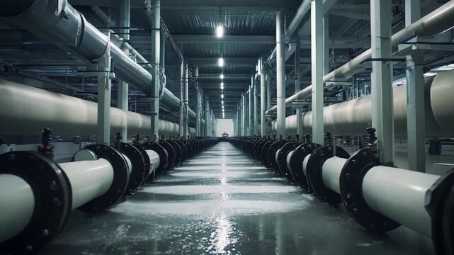 Industrial facility featuring a complex water filtration system with multiple large pipes, valves, and specialized machinery, creating a powerful image of technology and infrastructure