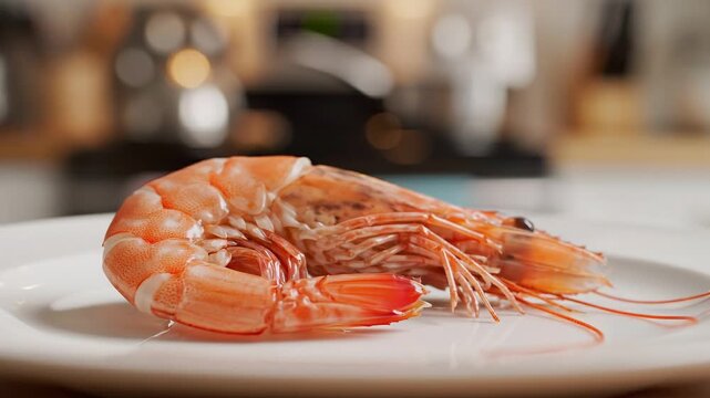 Close-up of a large shrimp on a white plate, showcasing its vibrant pink-orange color and delicate textures