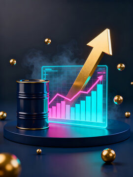 A black crude oil barrel standing next to an upward financial growth chart with a golden arrow on dark professional abstract background.