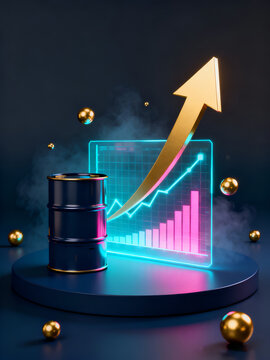 A black crude oil barrel standing next to an upward financial growth chart with a golden arrow on dark professional abstract background.