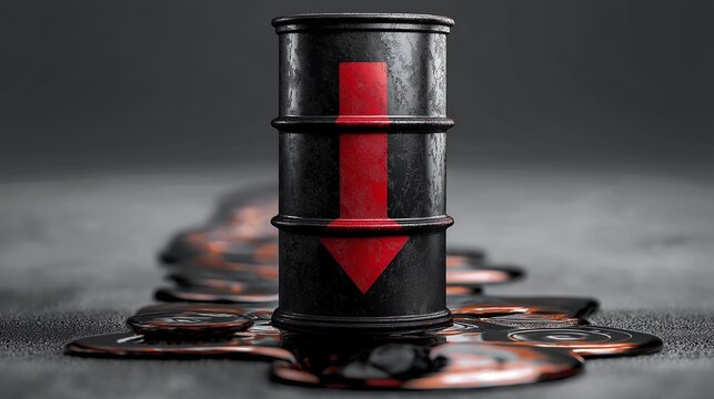 An oil barrel with a downward arrow symbolizes declining oil prices. The spilled liquid represents economic challenges and industry fluctuations.