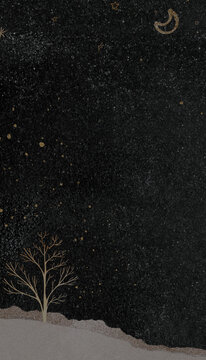 Aesthetic night landscape phone wallpaper, ripped paper border