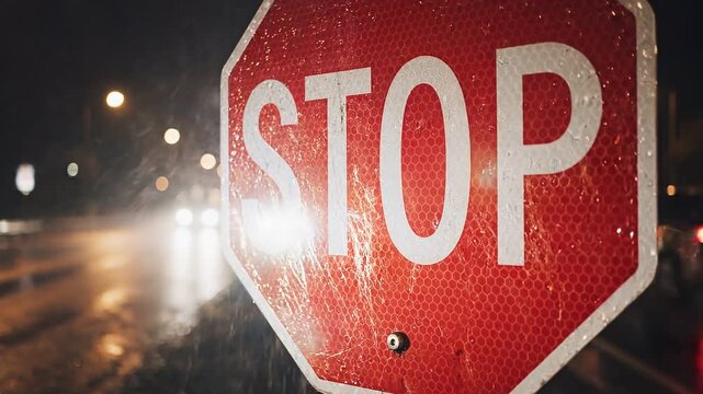 Close-up of a red stop sign glistening with rain at night, illuminated by car lights in a blurred background