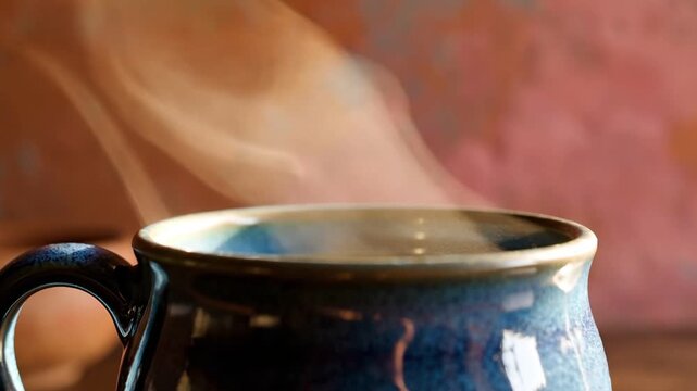 Close-up of a steaming blue ceramic mug against a textured background with warm colors, evoking a cozy atmosphere