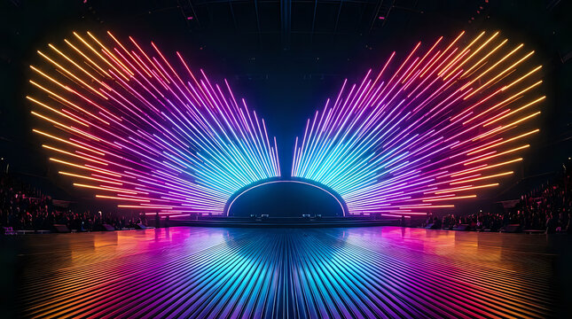 Large colorful glowing led wing installation on stage background with multi color, performance