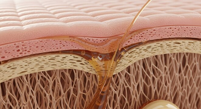 Skin layer cross section showing golden serum fluid absorption for deep hydration