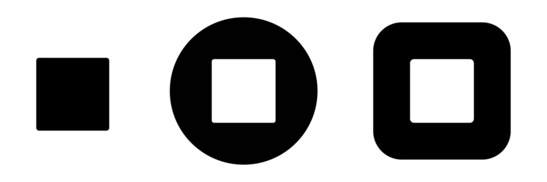 Stop button icon set with solid square and media control symbols. Playback control icons for audio and video players, app interfaces and multimedia navigation