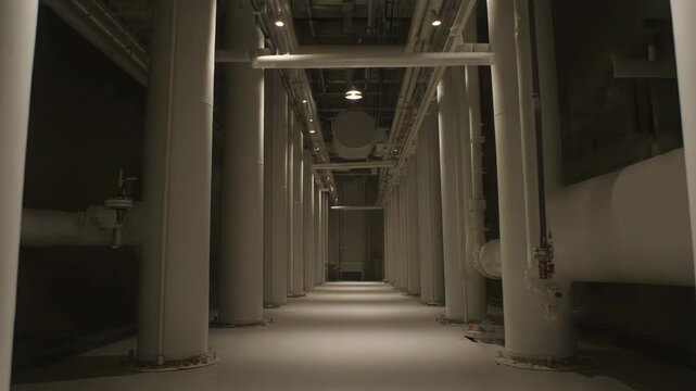 Long industrial corridor featuring rows of sturdy vertical columns and complex piping systems extending into the distance, creating an atmosphere of infrastructure and order