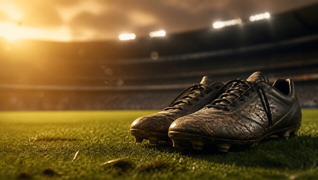 Low angle close-up of worn soccer boots on green grass, blurred stadium background, golden late afternoon light, copy space upper left, pre-match anticipation editorial sports concept 