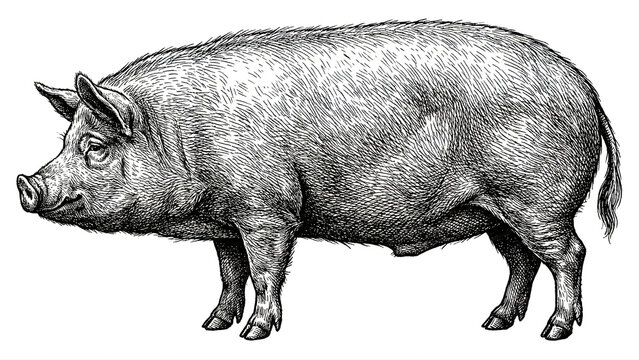Pig Animal Line Art Farm Livestock Engraving Illustration on White Background