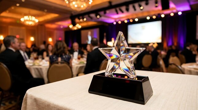 Crystal star award trophy sits on table, elegant formal event gala background, guests dining, chandeliers hanging overhead, sophisticated celebratory ambiance indoors.