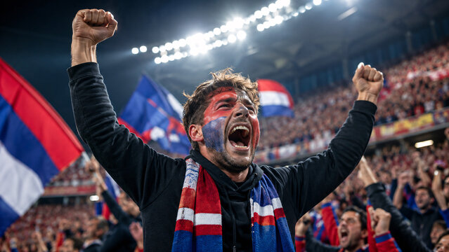 Passionate soccer fan cheering with face paint in stadium