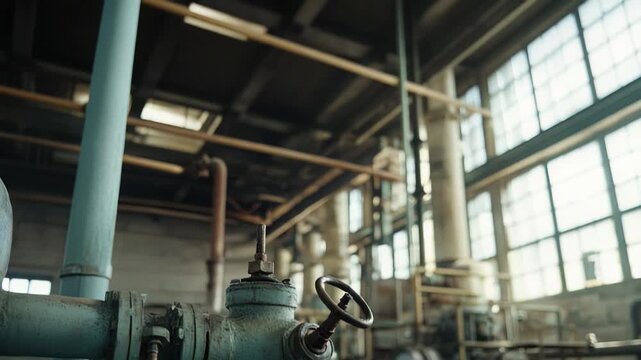 Rusted valve on a pipeline, detailed against a blurred background of an industrial factory interior with large windows, emphasizing themes of aging, and neglect