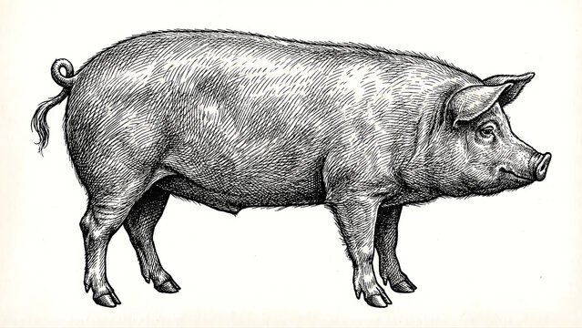 Pig Animal Line Art Vintage Farm Engraving Illustration on White Background