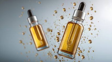 Obraz premium Elegant dropper bottles of essential oil suspended in mid-air, surrounded by golden droplets. Perfect for wellness and beauty product promotions.