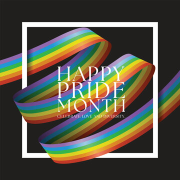 Happy pride month text in white frame wiht long rainbow pride flag rolling cross around on black background vector design