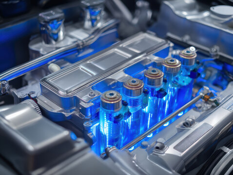 Hydrogen fuel cell stack technology under open hood, blue LED lighting illuminating components, metallic silver finish, engineering precision visible, perfect for innovation and technology concept.