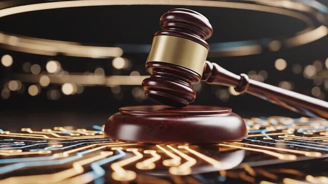 Wooden judge gavel on a glowing digital circuit board representing technology law and cyber justice