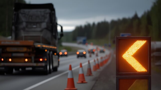Traffic signal guiding vehicles to the left, amidst a road construction zone with warning cones, showcasing the importance of road safety.