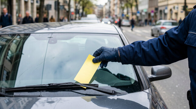 Parking Ticket Notice on Car Windshield in Urban Street
